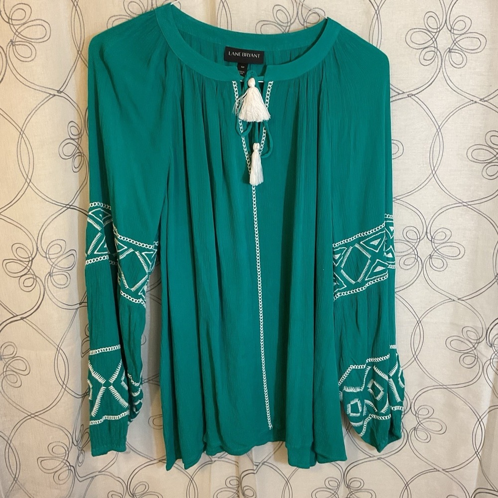 Women's Lane Bryant Teal Top Embroidered Tunic Long Sleeve Coastal Beach 16P